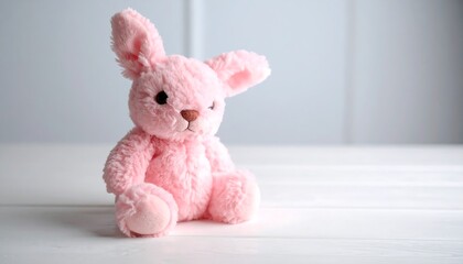 Fototapeta premium A pink stuffed bunny sitting on a white surface