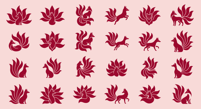 Nine Tailed Fox Spirit Silhouette Pattern Set Featuring Various Mythical Creature Poses for Asian Folklore and Fantasy Graphic Design Elements