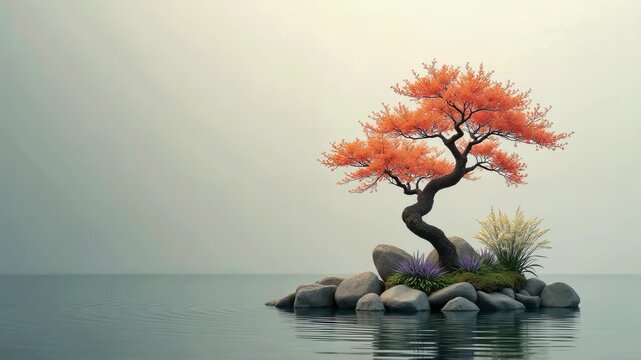 Floating Bonsai Sanctuary &ndash; Centered Twisted Bonsai Tree on Rocky Island with Soft Zen Water Ripple Reflection Background for Wellness and Presentation