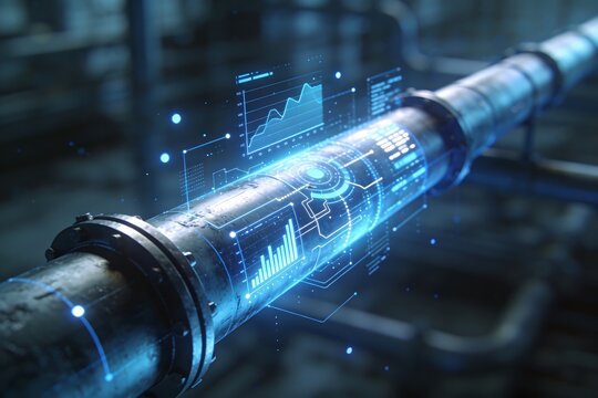 Futuristic smart water pipeline system with AI powered leak detection, IoT sensors and digital monitoring interface, showcasing sustainable infrastructure, data analytics, blue technology flow.