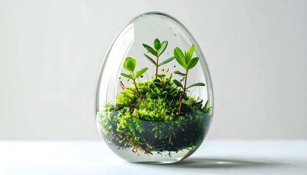 Transparent Glass Easter Egg with Mini Botanical Ecosystem Inside