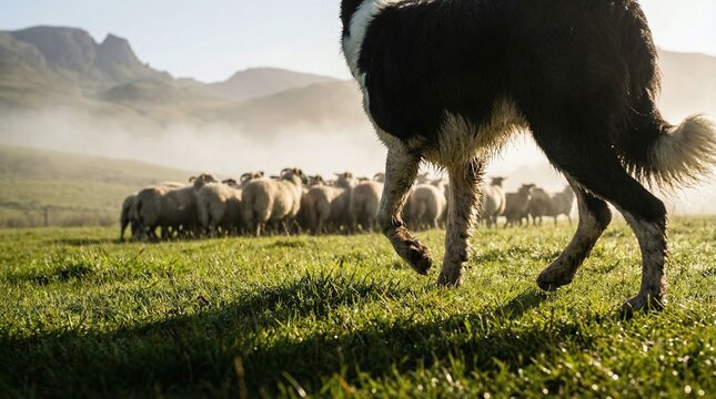 Working Border Collie Herding Sheep on a Sunny Hillside Field
