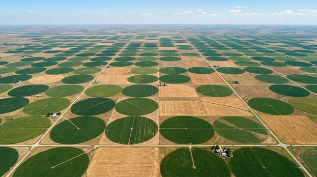 Aerial View of Center Pivot Irrigation on Expansive Farm Fields