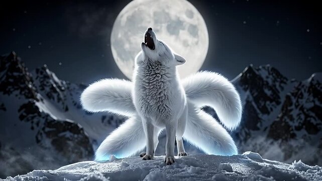 Mystical White Wolf Howling at Full Moon in Snowy Mountain Landscape.