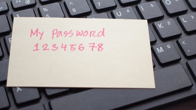 Sticky note with simple password written on laptop keyboard showing security risk and cyber vulnerability