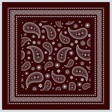 A maroon bandana featuring an intricate repeating pattern of white paisley designs and small floral accents