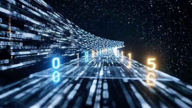 A futuristic digital tunnel with glowing blue and yellow numbers and lines stretching into the distance, set against a starry night sky