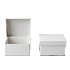 Two pristine white boxes; one open revealing its interior, one closed, both isolated
