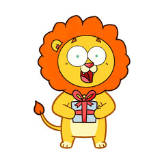 Fototapeta premium Cute cartoon lion holding a gift box isolated on white background