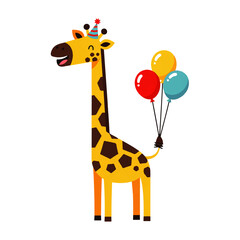 Fototapeta premium Cute cartoon giraffe wearing a party hat holding colorful balloons