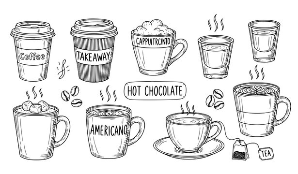 A vector graphic illustration of various coffee and tea cups in a minimalist line art style