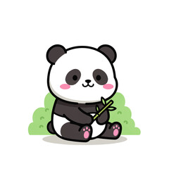 Obraz premium Cute cartoon panda bear holding bamboo branch sitting in green bushes