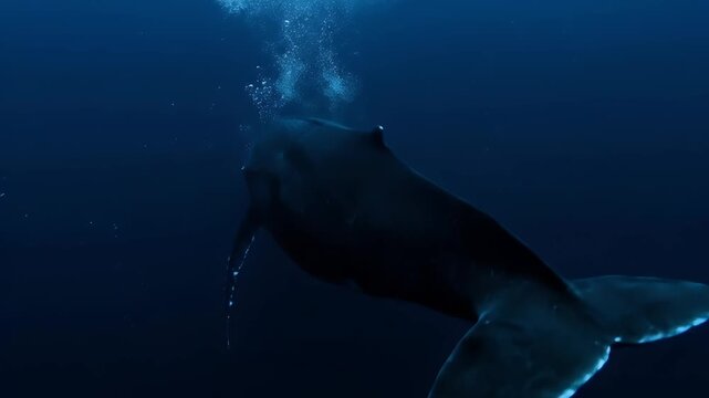 Underwater Whale Swimming in Deep Ocean.