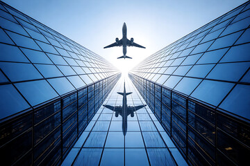 A jet flying above a scyscraper high above
