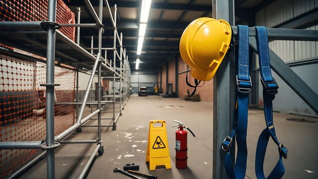 Hard hat and fall arrest harness at scaffolding work area