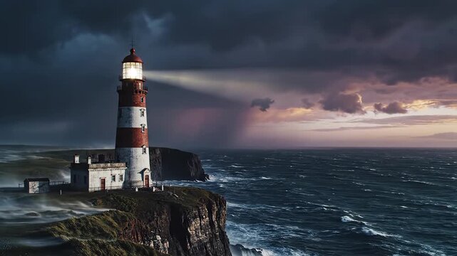 Lighthouse on cliff by stormy sea