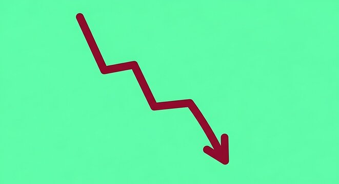 A simple stylized red zigzag arrow clearly illustrates a significant and continuous downward trend across the vibrant light green background indicating financial loss or decline.
