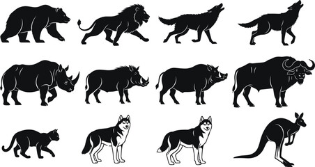 Animal silhouette collection, wildlife illustration artwork, black and white design, diverse species graphic, forest beast symbol, artistic nature mammal bird drawing © Rasida