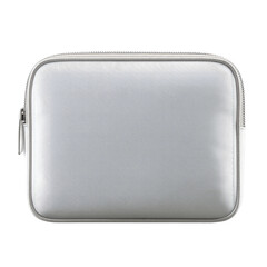 Sleek silver-grey zippered protective pouch with rounded corners on a dark background