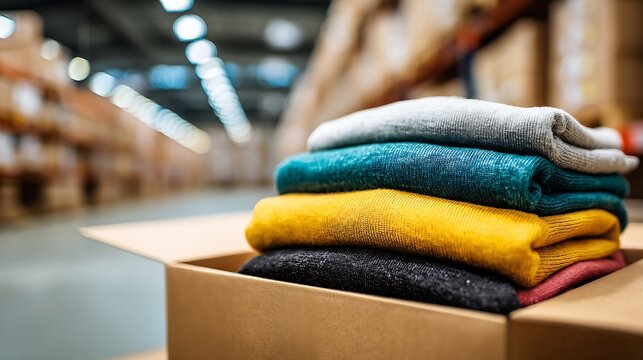 Stack of Folded Colorful Sweaters in a Cardboard Box inside a Large Warehouse