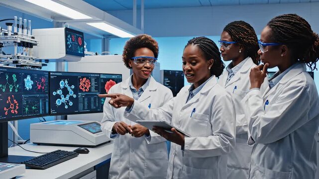 Women in lab coats analyzing data