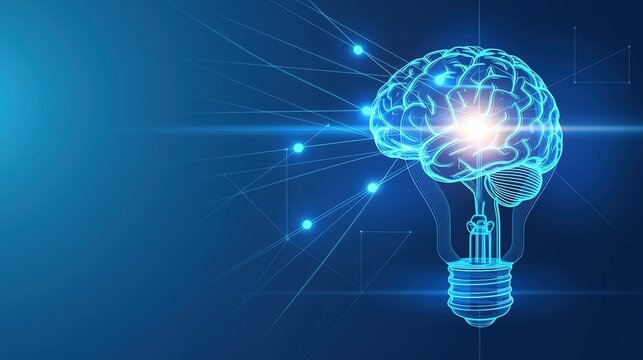 Light bulb connected to brain, creative thinking idea concept, soft blue background, AI innovation technology