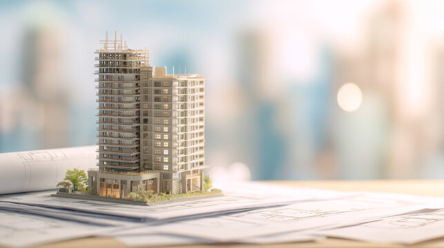 Miniature model of apartment building under construction on architectural blueprints with soft sunlight and blurred background