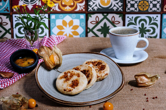 breakfast with coffee and latbread corn