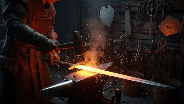 A blacksmith at work in a workshop, using a hammer and anvil to forge a sword.
