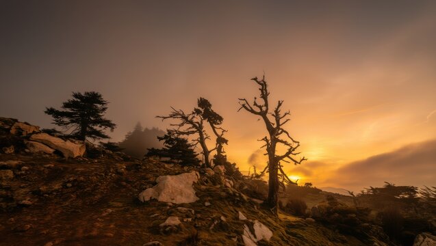 A iconic Loricate Pines (Pini Loricati) at sunrise from Pollino National Park in southern Italy