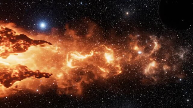 Burning space object in starry sky
