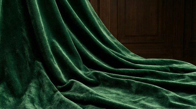 Luxurious emerald green velvet fabric draped elegantly on wooden background
