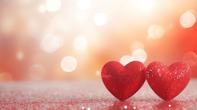 Two Red Heart Figurines Resting on a Sparkling Surface with Warm Bokeh