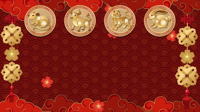 Twelve Golden Chinese Zodiac Animals Animation on Red Patterned Background
