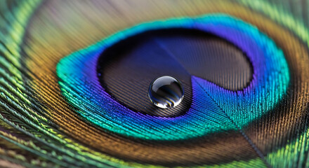 Fototapeta premium Rain Drop on Vibrant Feather Close up