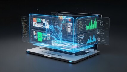 A laptop with a digital interface and screens displaying various data and information.