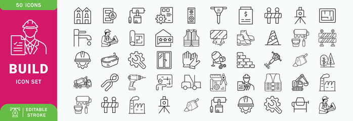 Build line editable icon set. Contain icons related to build, construction, building, architecture, worker, and more. Editable stroke. Vector illustration