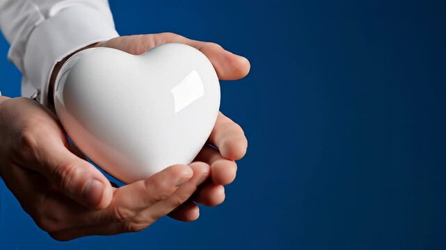 Hands gently cupping a glossy white heart against a deep blue studio background under soft lighting.
