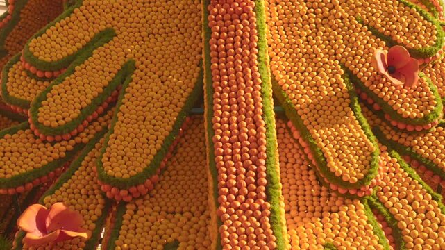 Large parrot sculpture created with oranges and lemons at Fete du Citron in Menton France. Iconic citrus installation displayed during the Lemon Festival.