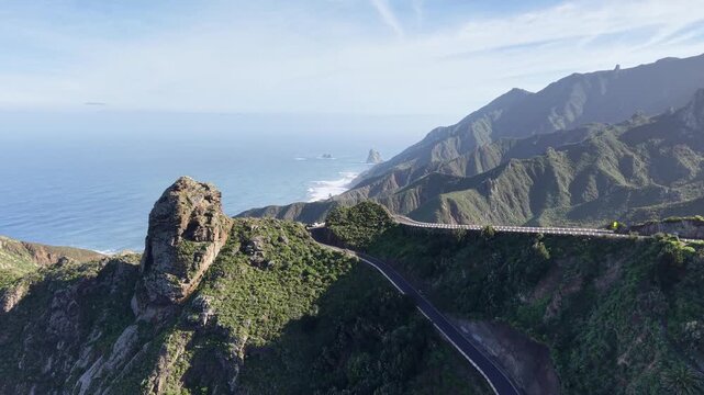 Mountain road and sharp hairpin bend Anaga Rural Park Tenerife drone, aerial