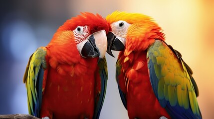 Fototapeta premium Two vibrant scarlet macaws share an intimate close-up moment in vivid rainbow plumage