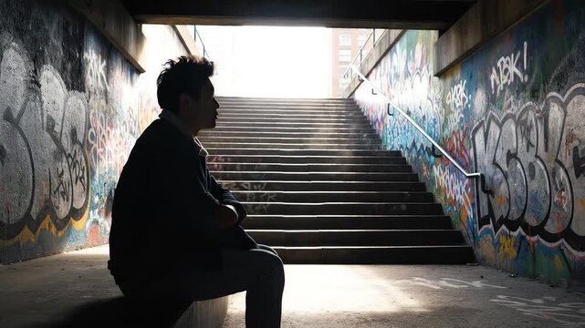 Man sitting on stairs in graffiti tunnel