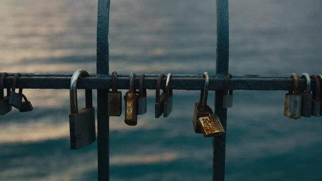 Close-up of rusted and worn love padlocks hanging from a seaside iron fence, calm ocean blurred in the background under soft evening light.
