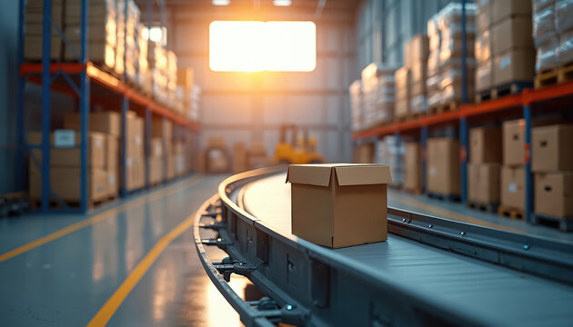 Cardboard box travels on automated conveyor belt inside large warehouse. Shelves stocked with goods surround the distribution center. Forklift operates in background.