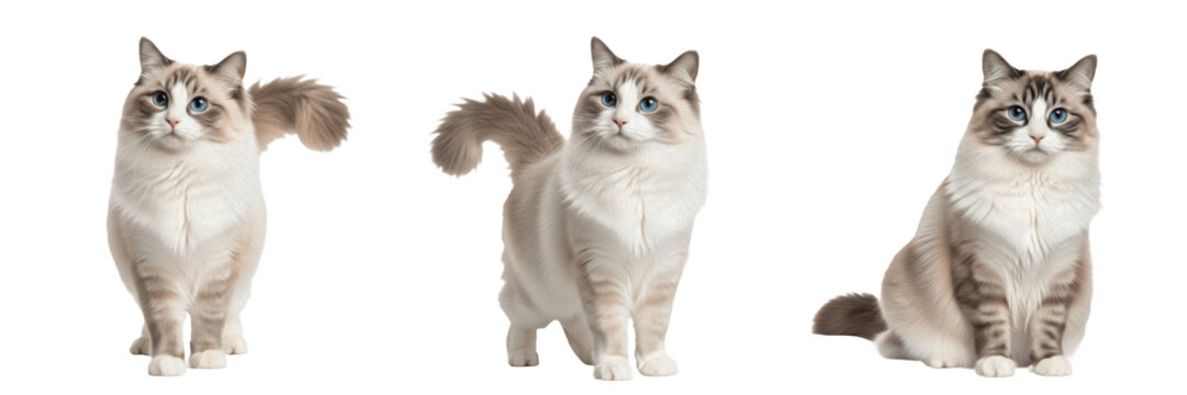 Set and collection of ragdoll cats in different poses and angles isolated on white transparent png background
