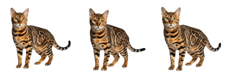 Obraz premium Set and collection of Bengal cats with leopard spots standing in different angles isolated on white transparent png background