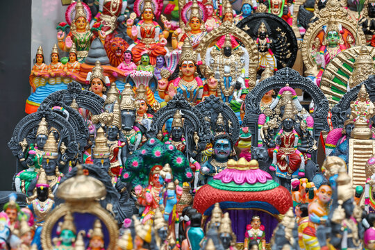 Hindu God and Goddess idols are displayed for sale in a shop for the Golu festival	
