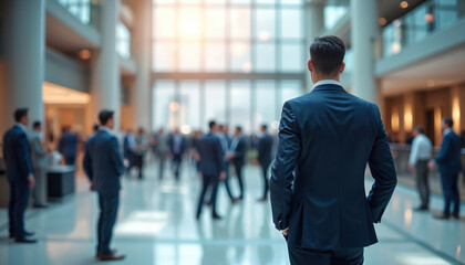 Plakat Man in suit stands in modern lobby. People walk around busy interior. Bright natural light streams in large windows. Business professionals attend meeting or event.