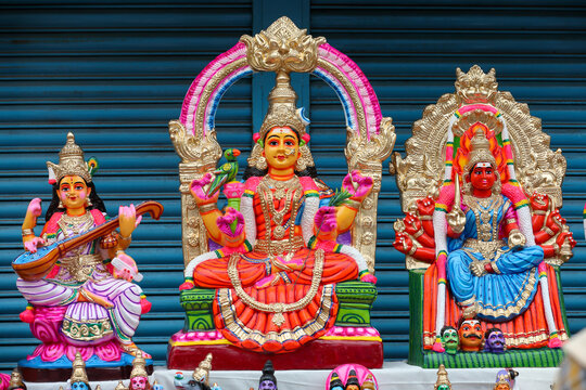 Kaliamman or Mariamman, Kamatchi amman and Saraswathi  idols are displayed for sale in a shop for the Golu festival	