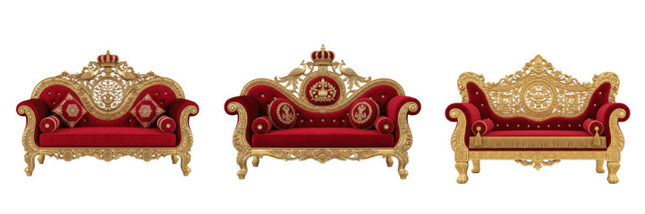 Title: Set of luxurious ornate red velvet and gold carved wood royal sofas isolated on white